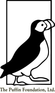  Black and white logo featuring a drawn puffin and with text underneath reading "The Puffin Foundation, Ltd."